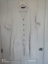 In The Style White Short Button Down Cotton Smock Dress Size 14 V Neck Lined