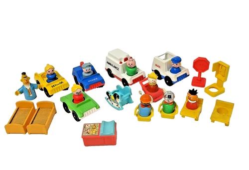 VTG 1970s/80s Lot Of 25 Fisher Price Little People, Cars Furniture  + Bert Bonus