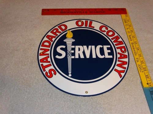 VINTAGE STANDARD OIL COMPANY GASOLINE SERVICE TORCH 11 3/4" PORCELAIN METAL SIGN