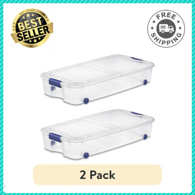 Sterilite 66 Qt Ultra Storage Box, Clear Underbed Bin, Lid, Wheels, Blue, 2-Pack