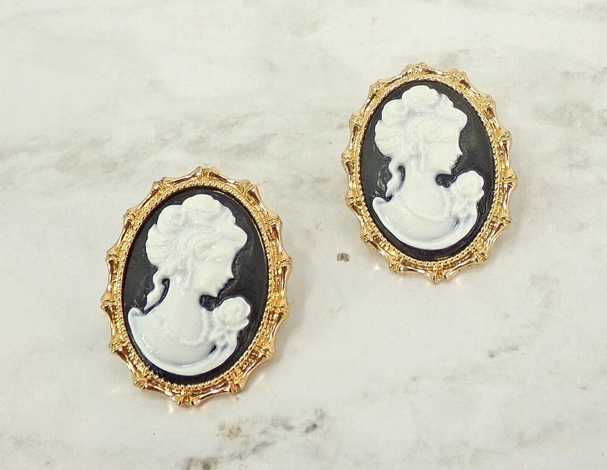 Oval cameo earrings in black and white in a Victorian gold frame setting New