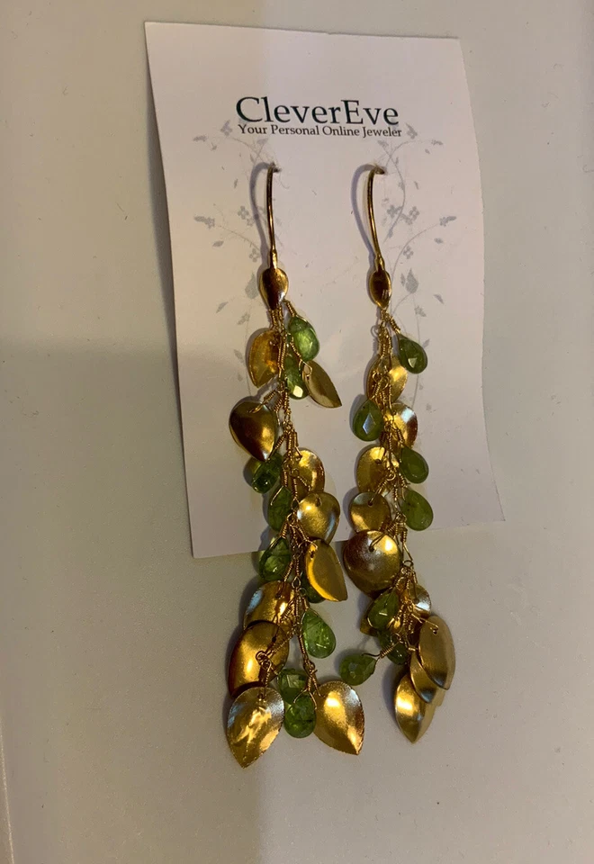 24K Gold Plated Sterling Silver Chandelier Earrings W/ Genuine Peridot . B24 - Image 2 of 4