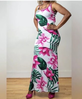 Formal Tropical Maxi Romper New Boutique Resort Tropical Romper Dress L  Flowy Maxi Pink White