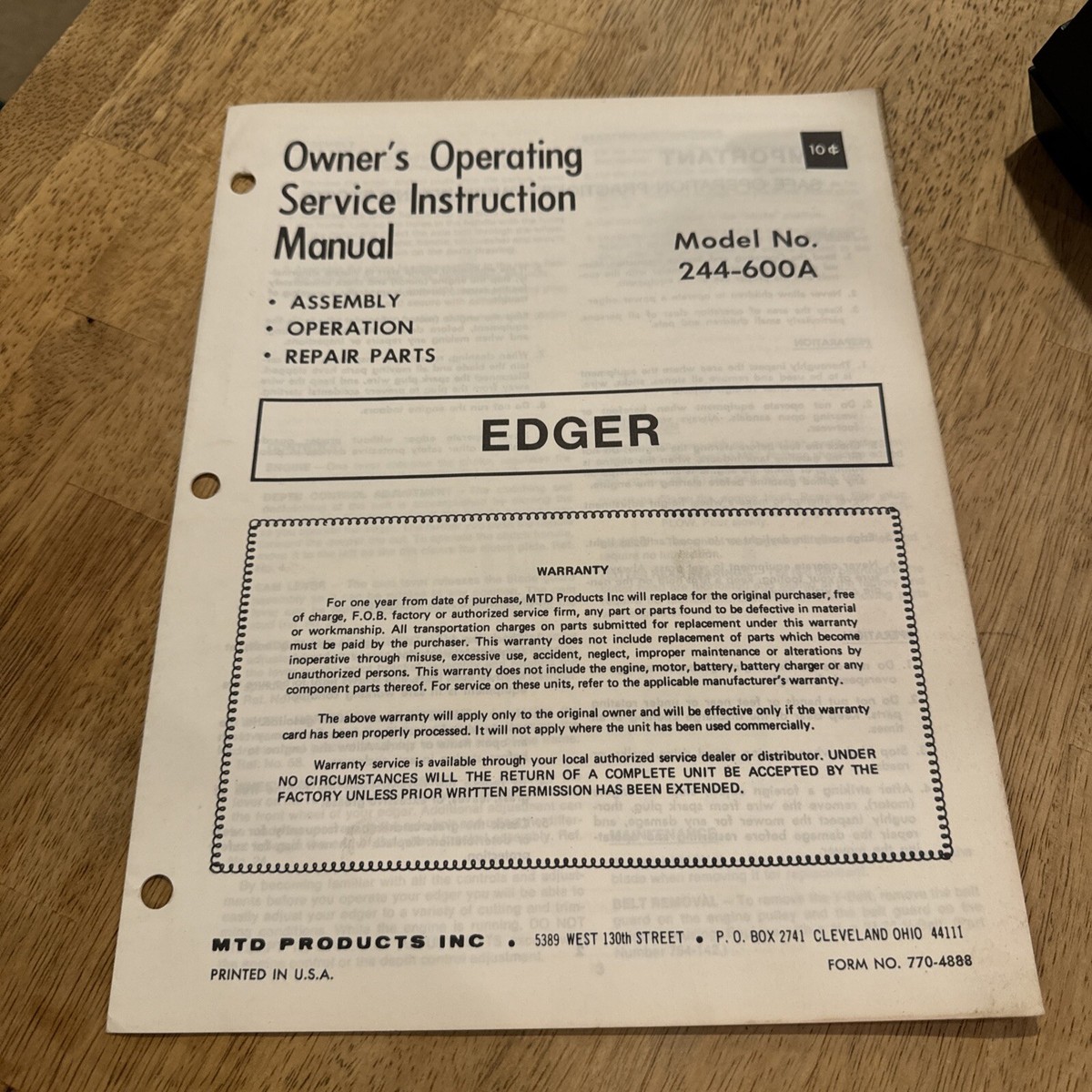 MTD Model 244-600A Edger Owners Operating Service Instruction