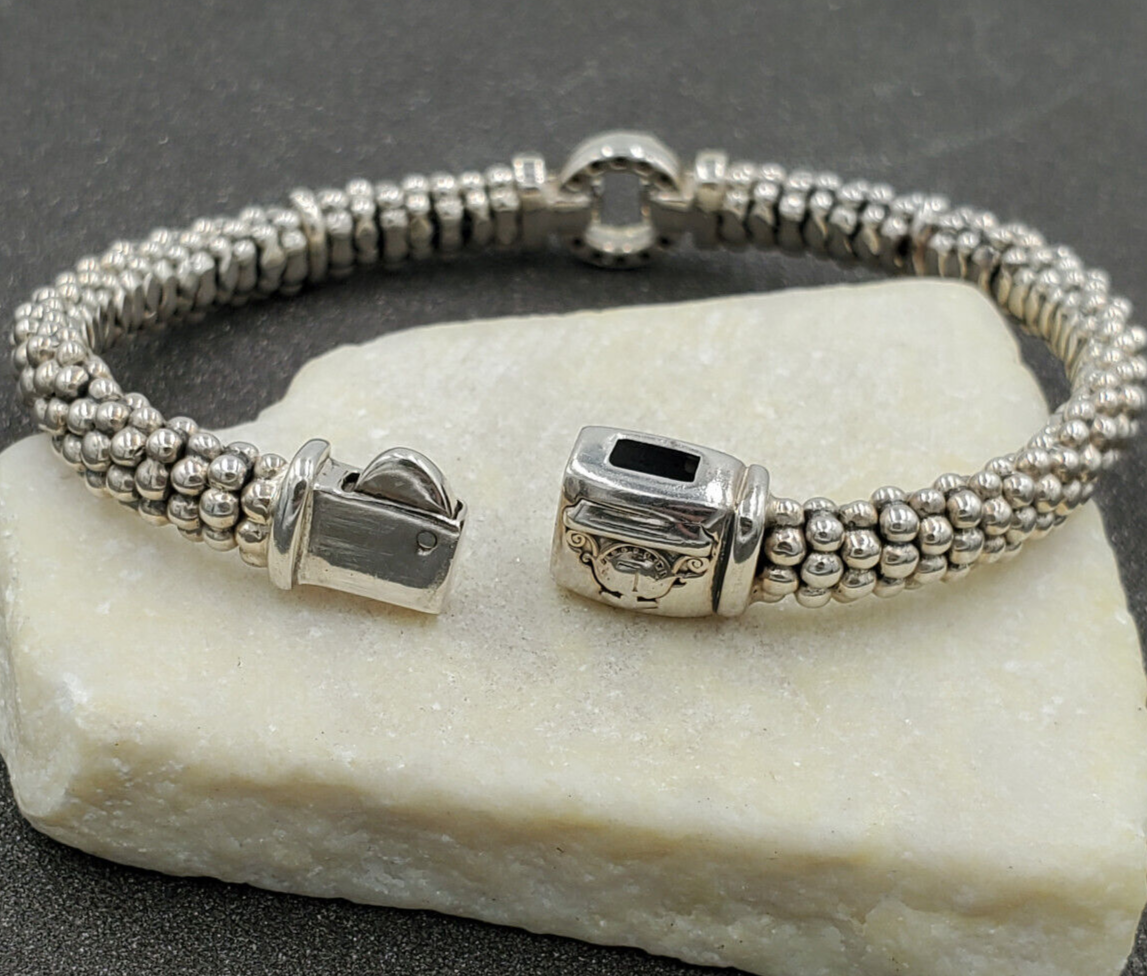 Estate LAGOS 18K Gold 925 Sterling Diamond Circle Caviar 6mm Bracelet 5