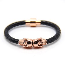 Cool Punk Mens Genuine Leather Twin Skull Magnetic Rope Braided Bracelet B08