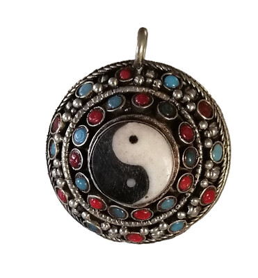 Halsschmuck Vintage Yin & Yang Ketten Anhänger 80cm Cotton Band schwarz Schmuck