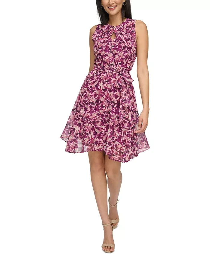 Jessica Howard Petite Printed Fit Flare Dress Womens 6P Berry