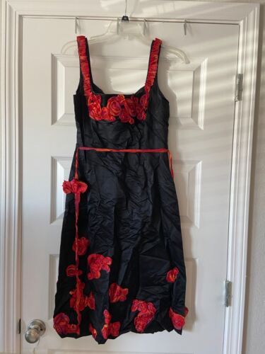 LELA ROSE Black Silk Dress Crinkle Red Orange Fuc… - image 1