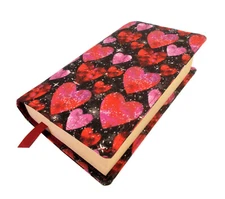 New Standard Size Paperback Book Cover Red & Pink Hearts on Black Glitter Fabric