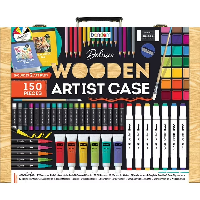 Bendon Deluxe Wooden Art Supplies case Including 2 Art Pad ,