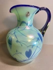 Fenton Dave Fetty Glass Pitcher "Hanging Hearts" Willow Green Cobalt Trim- 2003