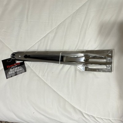 Flame + Gio 3-Piece BBQ Tool Set Tongs & Spatula Reusable Silver/Black