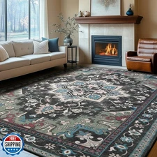 Rugflix 9x12 Area Rugs Machine Washable, Dark Green Carpet for Living Room, O