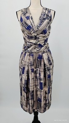 Moschino 100% Silk Sleeveless Dress Taupe & Blue Side Zip Pockets Lined US 8