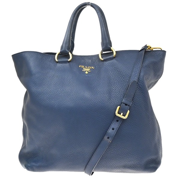 PRADA MILANO Logo 2Way Tote Shoulder Hand Bag Leather Navy Blue GHW 77KD472