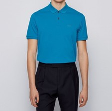 HUGO BOSS Blue SLIM Fit Knitted Cotton PALLAS mens POLO SHIRT MEDIUM