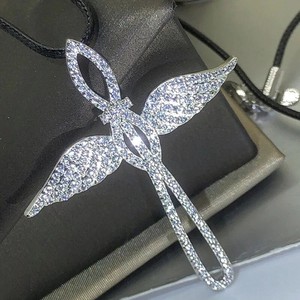 Authentic 2Ct Round Cut Real Moissanite Angel Cross Pendant Necklace 14k White Gold Plated