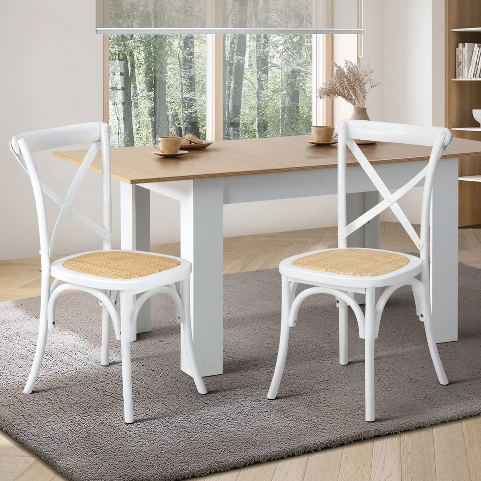 Oikiture 2PCS Crossback Dining Chair Solid Birch Timber Wood Ratan Seat White