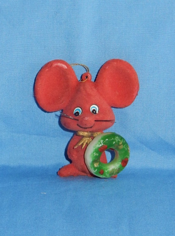 Vintage Plastic Blowmold Flocked Red Mouse with Wreath Christmas Ornament