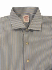 Brooks Brothers Madison Shirt 17/35 Blue Yellow Stripe Supima Cotton EUC