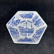Vintage Cedar Point Blue & White Trinket Dish Old Attractions Upside Down House