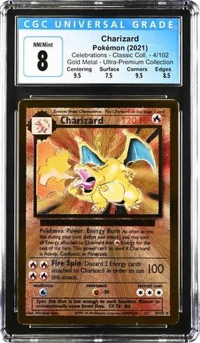 Gold Metal Charizard: 2021 Pokémon Celebrations Classic w/ sub grades - CGC 8