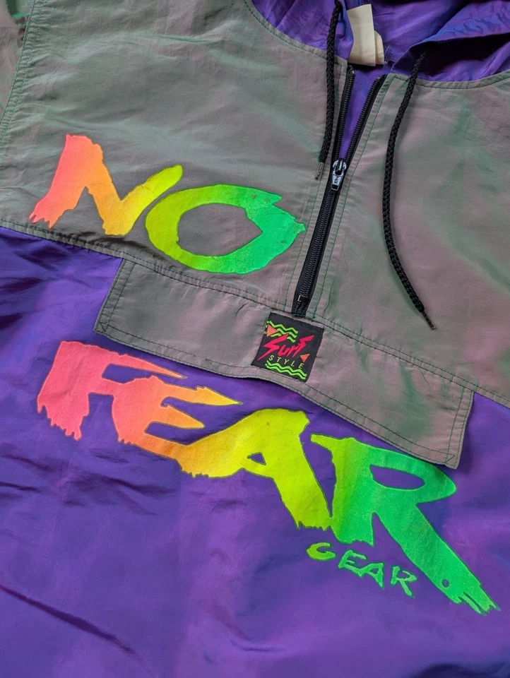 Vintage Surf Style No Fear Jacket One Size Purple 1/4 Zip Hooded Windbreaker - Image 2 of 4