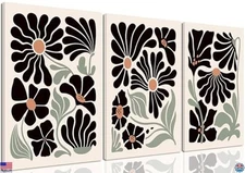 Boho Wall Art Set of 3 Abstract Black Flower Canvas Prints for Home Decor