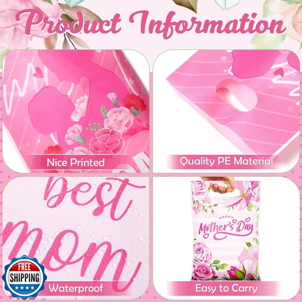 Teenyyou 60 Pcs Mother's Day Gift Bags with Handles Small Pink Flower Plastic - Image 3 of 4