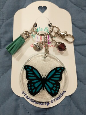 Butterfly Keychain Acrylic Resin Vinyl Teal glitter tassel charms clip  handmade