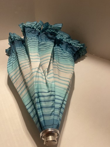 Vintage 1980s Ruffled Umbrella Turquoise Blue & White, Stripes - Picture 4 of 4