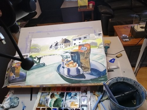 ORIGINAL watercolour Pork Scratchings & Guinness Youtube 20"x13" Marilyn Allis - Picture 3 of 3