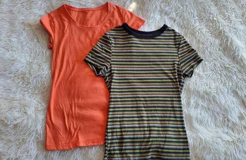 Jr Womens Lot Of 2 Easy Wear T-SHIRTS Cap Sleeve Solid Orange & Striped SZ XS/1