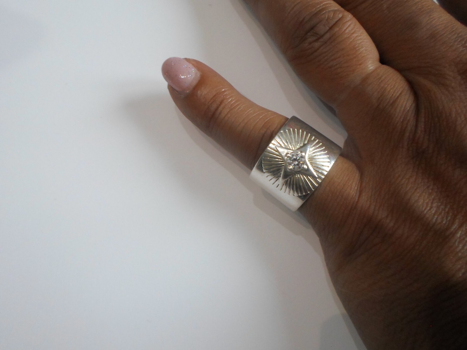 solid silver ring, wide ring, chiseled, rhineston… - image 2