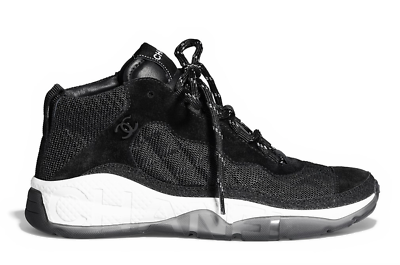 Chanel 21B Mens Black Suede White CC Logo Lace Up Mid Top Trainer