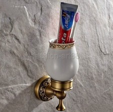 Antique Brass Carved Flower Bathroom Tooth Brush Holder With Ceramic Cup fba497