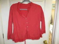 Kleen Cotton Knit Ruffle Lace Pin Tuck Coral Button Long Sleeve Top - M