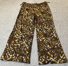 Vtg Y2K Wide Leg Palazzo Pants Womens M Beige Artsy Crinkly Pull On Boho Tribal
