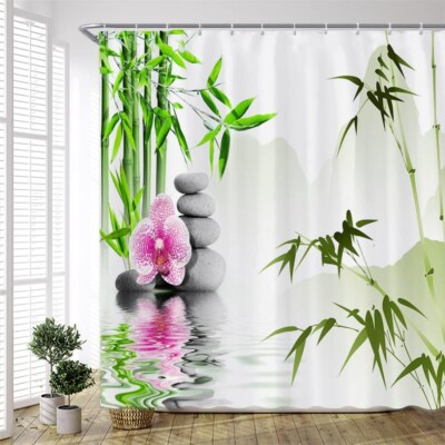 178 B x 180 H Badezimmer Duschvorhang mit Haken Grün Bambus Lila Orchidee Spa