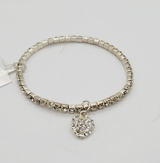Crystal Stretch Bracelet Heart Charm PAVE Silver tone Charter Club