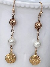 Etched Gold Sand Dollar Earrings. Beach. Pearls.