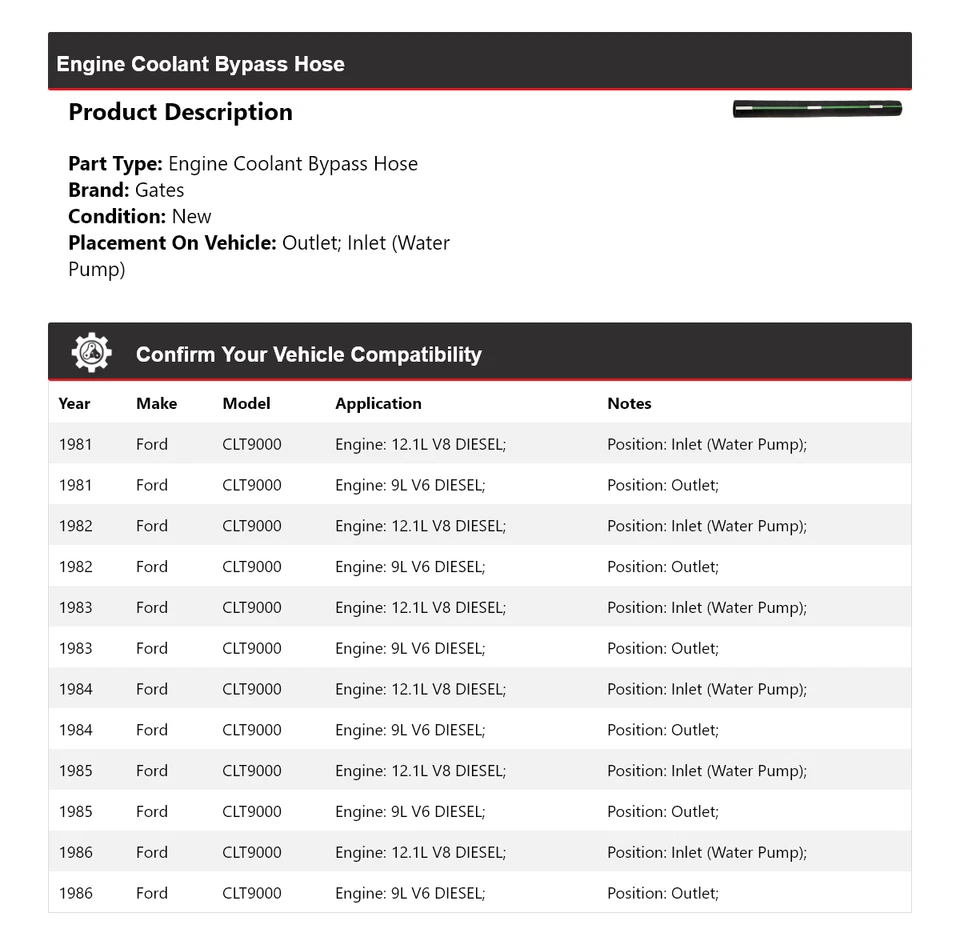 Puertas de manguera de derivación de refrigerante de motor Ford CLT9000 1981-1986 1982 1983 1984 1985 Foto 2 de 4
