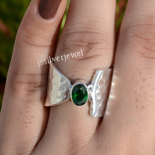 Bague En Argent Sterling 925 - Pierre Diopside Chromé Vert & Onyx - Fait Main - Neuf Sans Boîte
