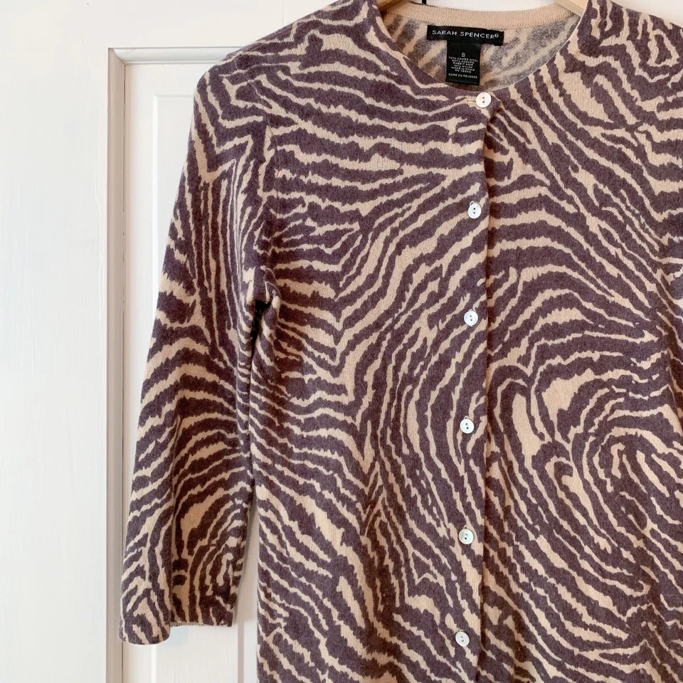 Sarah Spencer Brown Animal Print Wool Angora Cardigan Women Small Mob Wife - Image 2 of 4