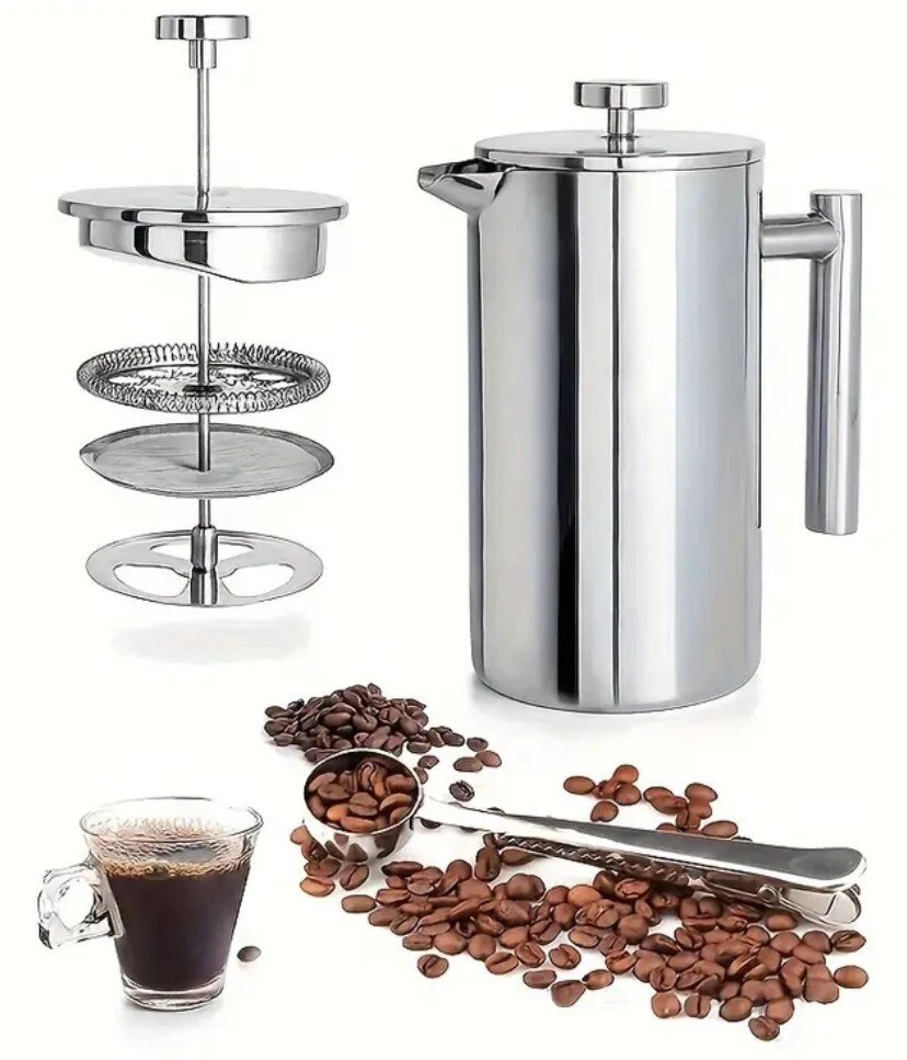 4 CUP 34oz DOUBLE WALL FRENCH PRESS STAINLESS STEEL COFFEE ESPRESSO MAKER SILVER