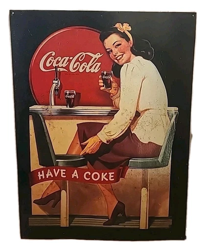 Vintage 1991 Metal Tin Coca-Cola Coke Sign Ad.  Jukebox Girl @ Diner 29"x 22"