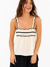 Camiseta sin mangas Nekane NKN Crema Calada Cami Negra Borde Dorado Boho Resort Pequeña Nueva con Etiquetas