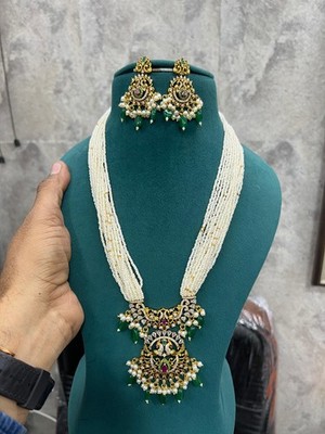 Antique or Victorian-Style long haram Pearl and kundan Jewellery Set With Earing