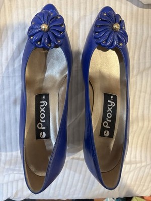 1980s Royal Blue Proxy Flats With Floral Flower Design Leather Shoe Size 6